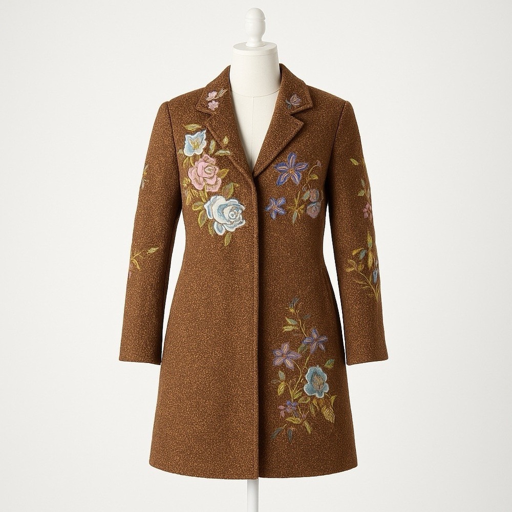 Newport News Coat Womens 4 Brown Embroidered Floral Long Jacket Boho Cottagecore